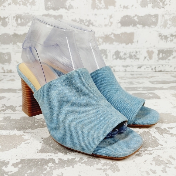Nine West Wylow Blue Denim Open Toe Slip On Block Heel Mules M437 - Picture 4 of 13